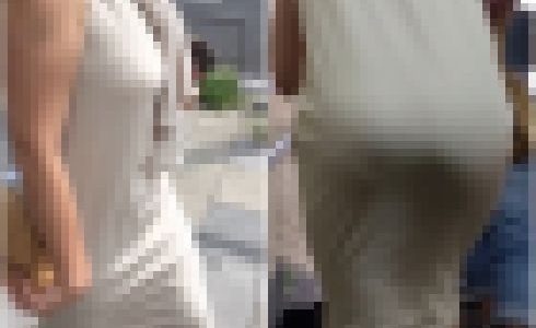 【2名・はち切れそうなベージュタイトワンピース着衣尻】