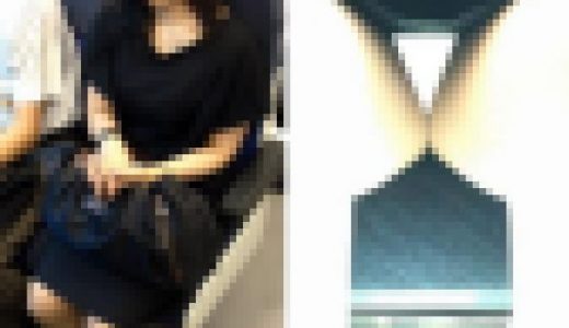 (電車対面）(顔出し)パンストあんよをひらいてぐったりする奥さま…スカートの生地を越えて…奥さまのお股にカメを突っ込んでみ