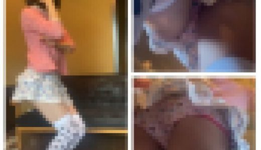 綿のプリントパンツに超ミニスカートでTikTokを撮ってる女子